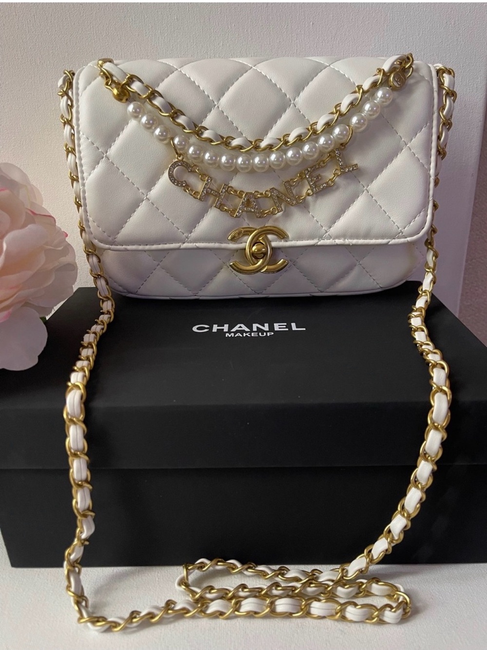 New Novelty White Off Quilted Pearl —Accent Crossbody Bag GWP / VIP